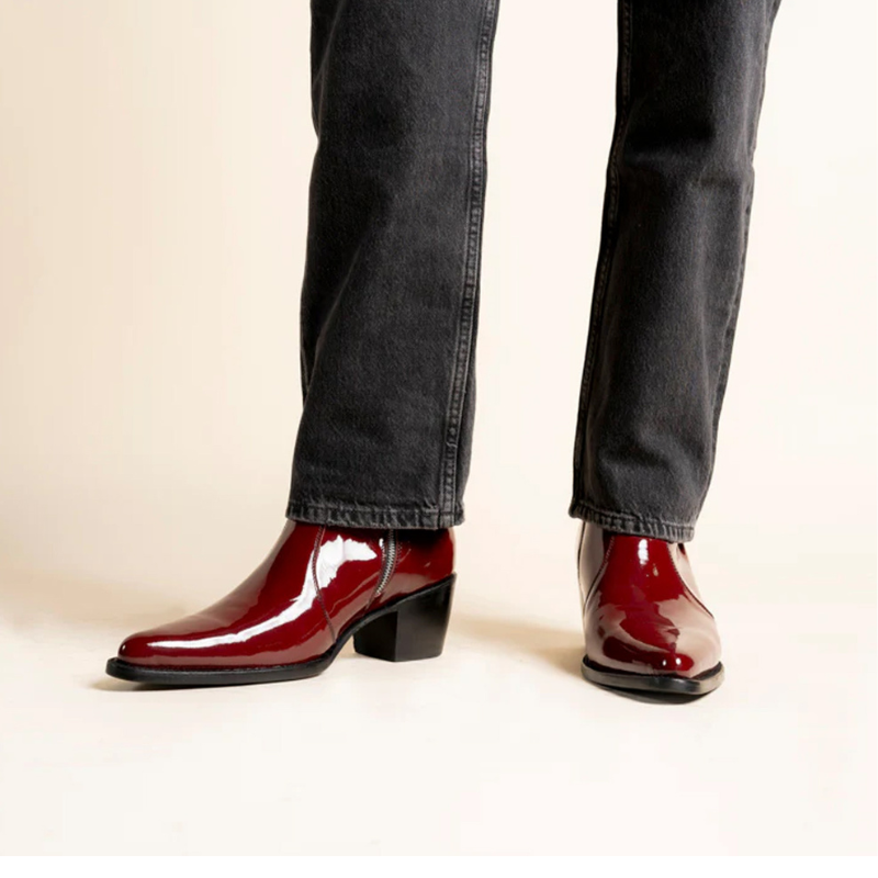 Patent Leather Wine Pointed-toe Side Zipper Ankle Boot