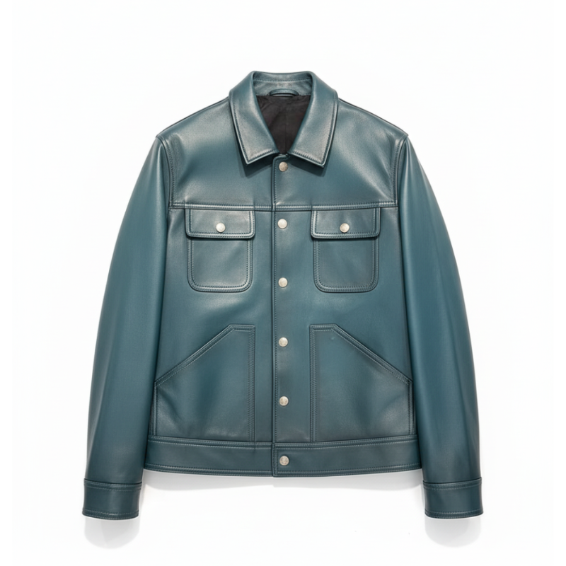 Classic Teal Leather Trucker Jacket