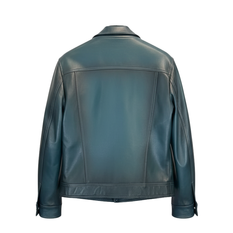 Classic Teal Leather Trucker Jacket