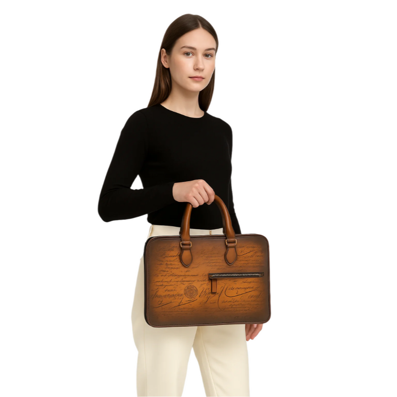 Luxury Handcrafted Printed Leather Brown Briefcase