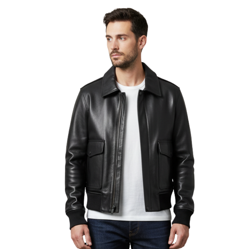 Dual Flap Aviator Leather Bomber Jacket