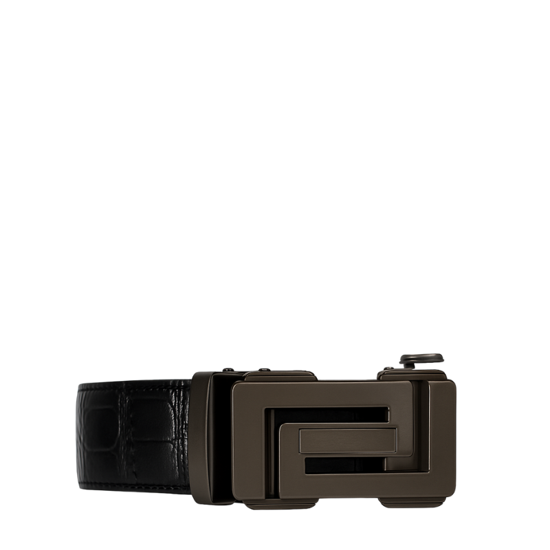 Croco Leather Black Strap Belt with Grey Autolock Buckle
