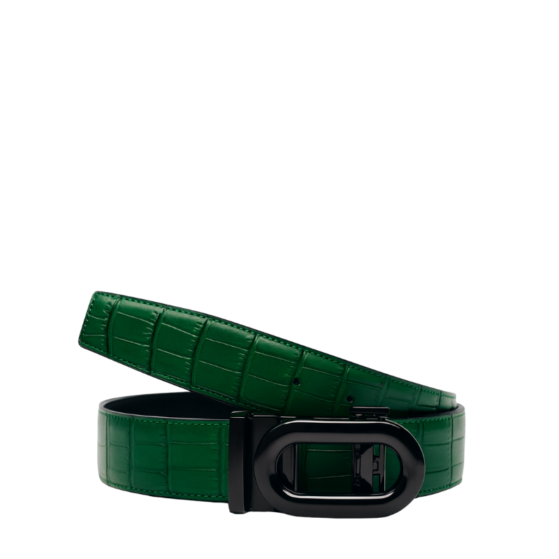 Croco Leather Green Strap Belt with Black Sleek Frame Autolock Buckle