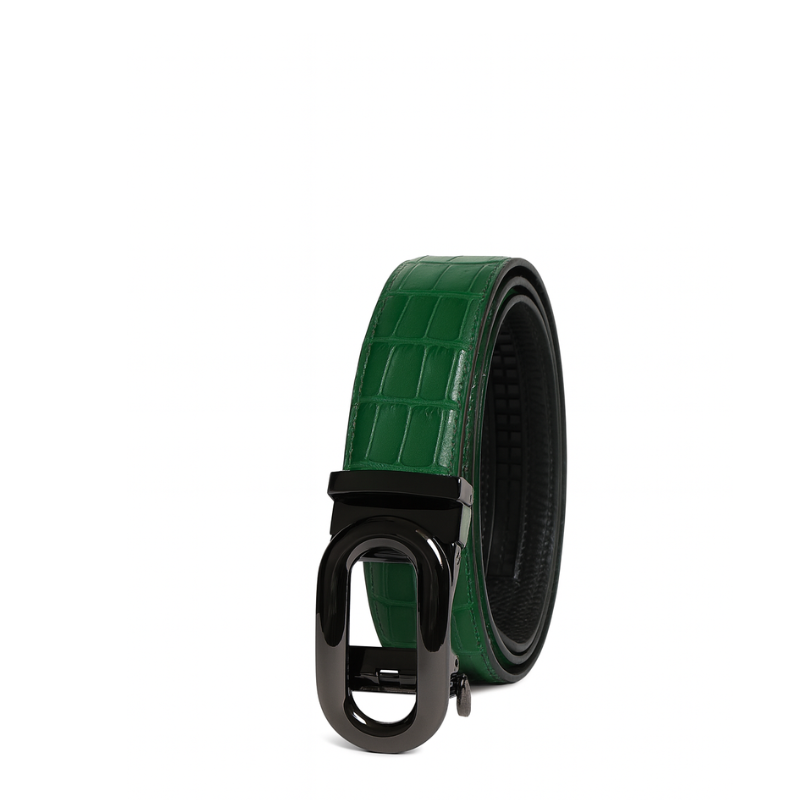 Croco Leather Green Strap Belt with Black Sleek Frame Autolock Buckle