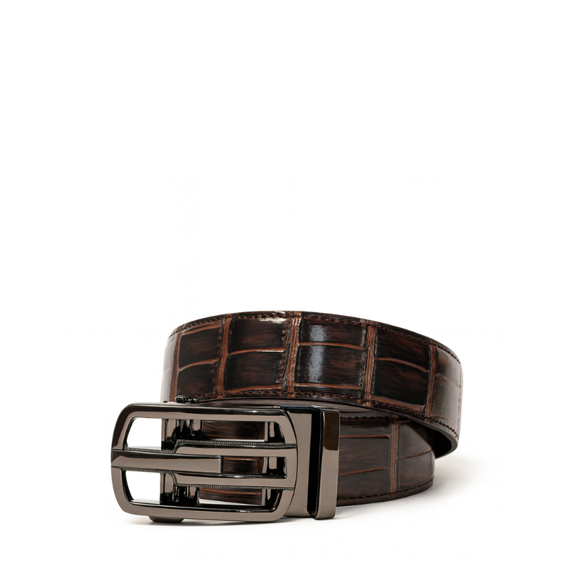 Croco Leather Dark Brown Strap Belt with Grey Autolock Buckle