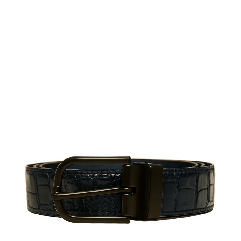 Croco Textured Leather Blue Strap Belt with Grey Reversible Buckle Closure