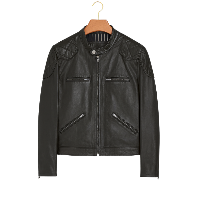 Men's Luxury Solid Leather Multi Pocket Zip-front Biker Jacket