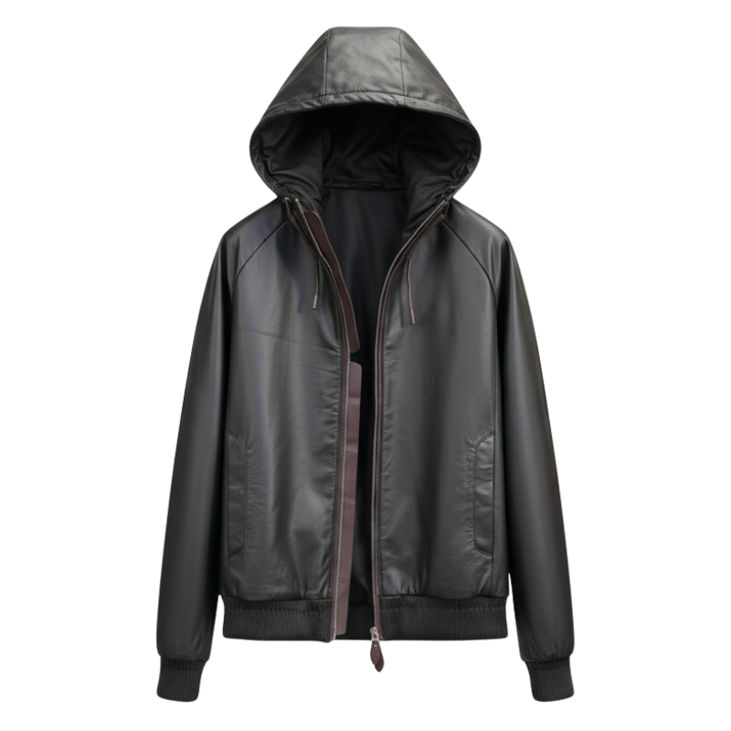 Luxury Onyx Leather Hooded Bomber