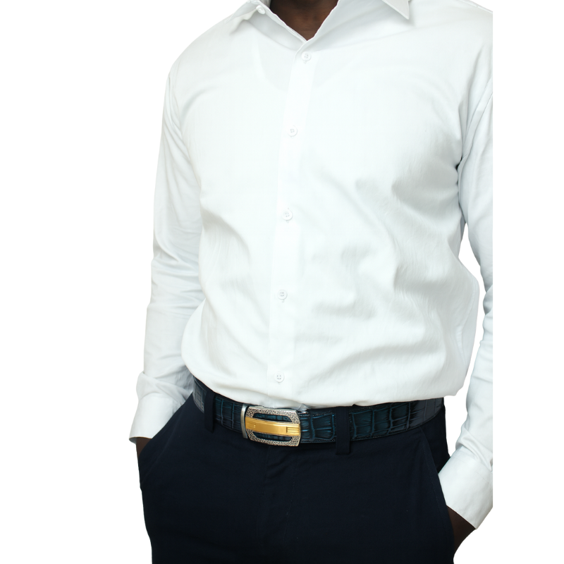 Croco Leather Blue Strap Belt with Silver Dual Shade Textured Autolock Buckle