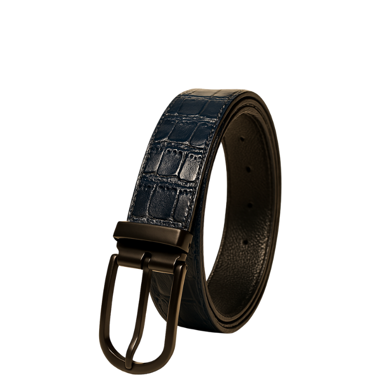 Croco Textured Leather Blue Strap Belt with Grey Reversible Buckle Closure