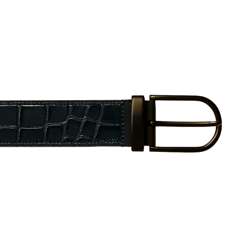 Croco Textured Leather Blue Strap Belt with Grey Reversible Buckle Closure