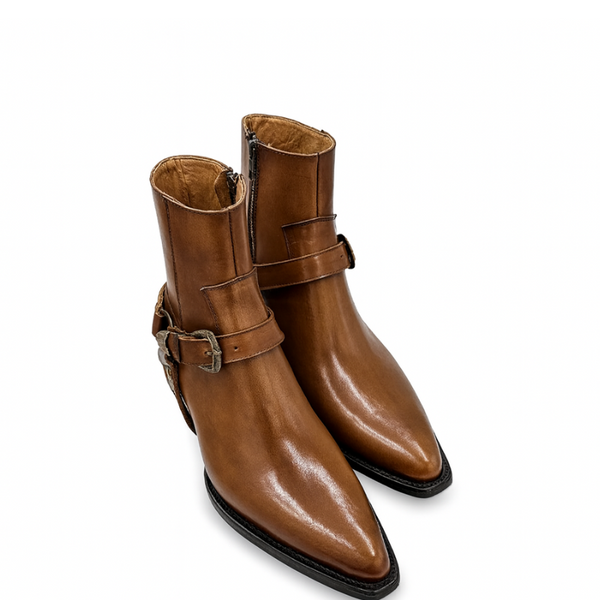 Luxury Leather Boot With Engraved Metal Buckle Strap