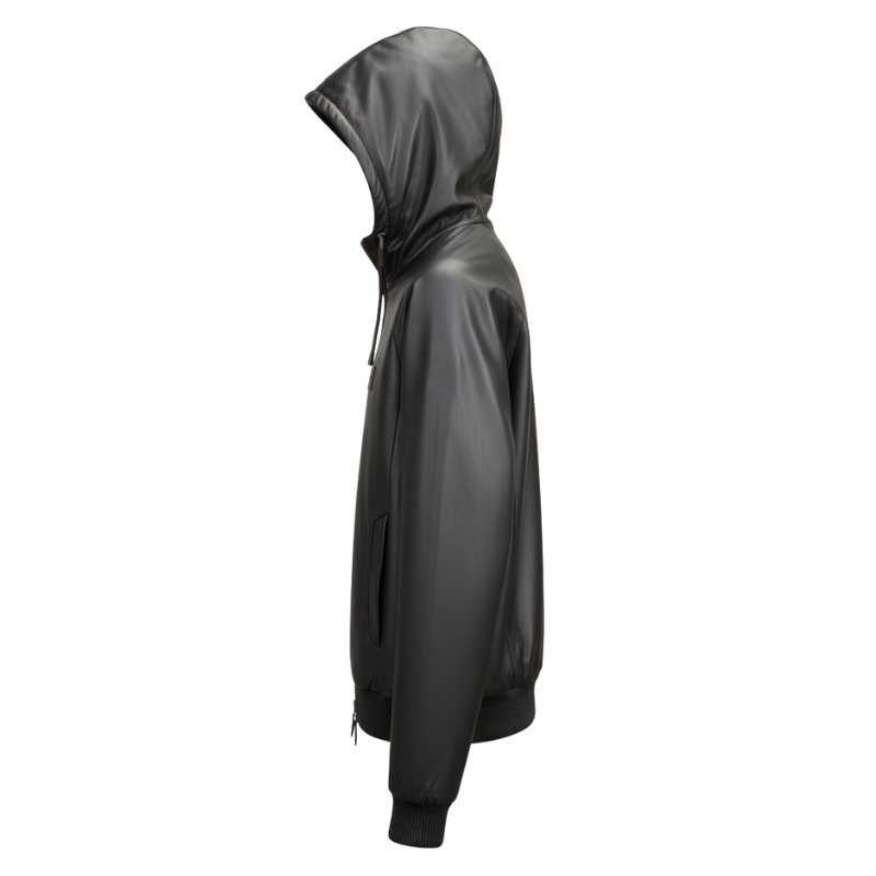 Luxury Onyx Leather Hooded Bomber