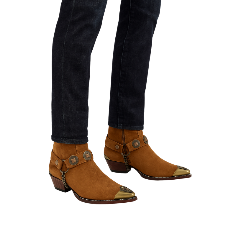 Luxury Suede Textured Leather Dark Tan With Golden Metal Toe