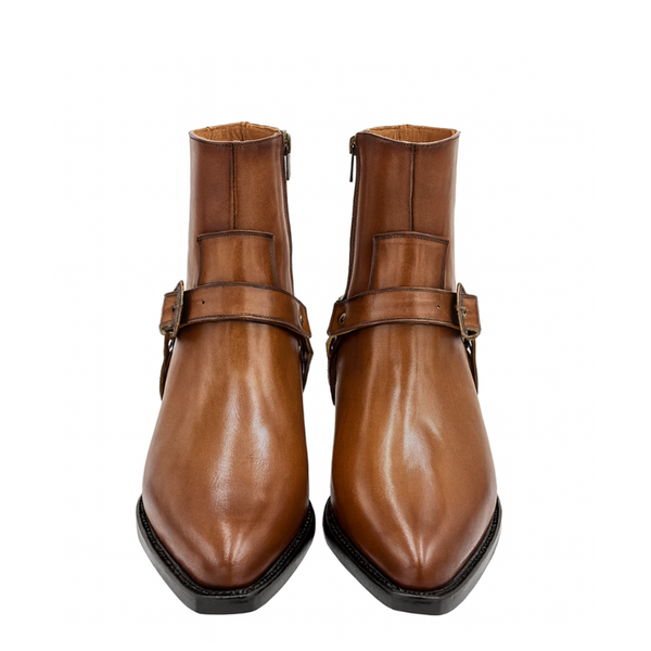 Luxury Leather Boot With Engraved Metal Buckle Strap