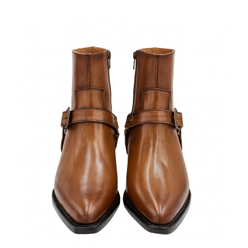 Luxury Leather Brown Boot With Engraved Metal Buckle Strap