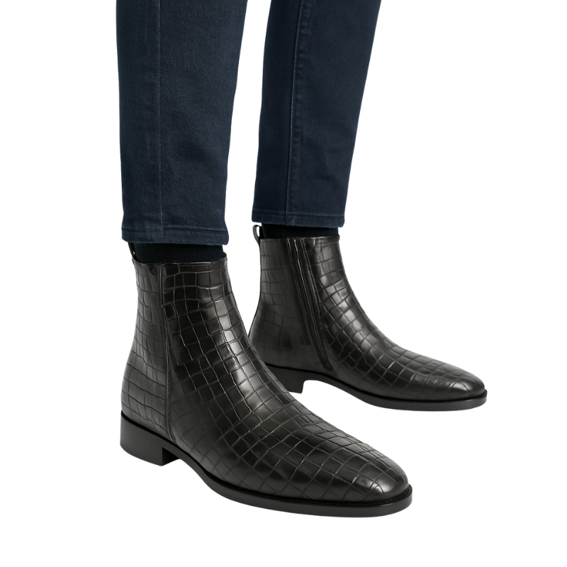 Mens Croco Textured Leather Chelsea Boots with Side Zipper