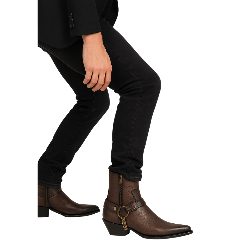 Luxury Textured Leather Dark Brown Side Zip Boots with Metal Chain