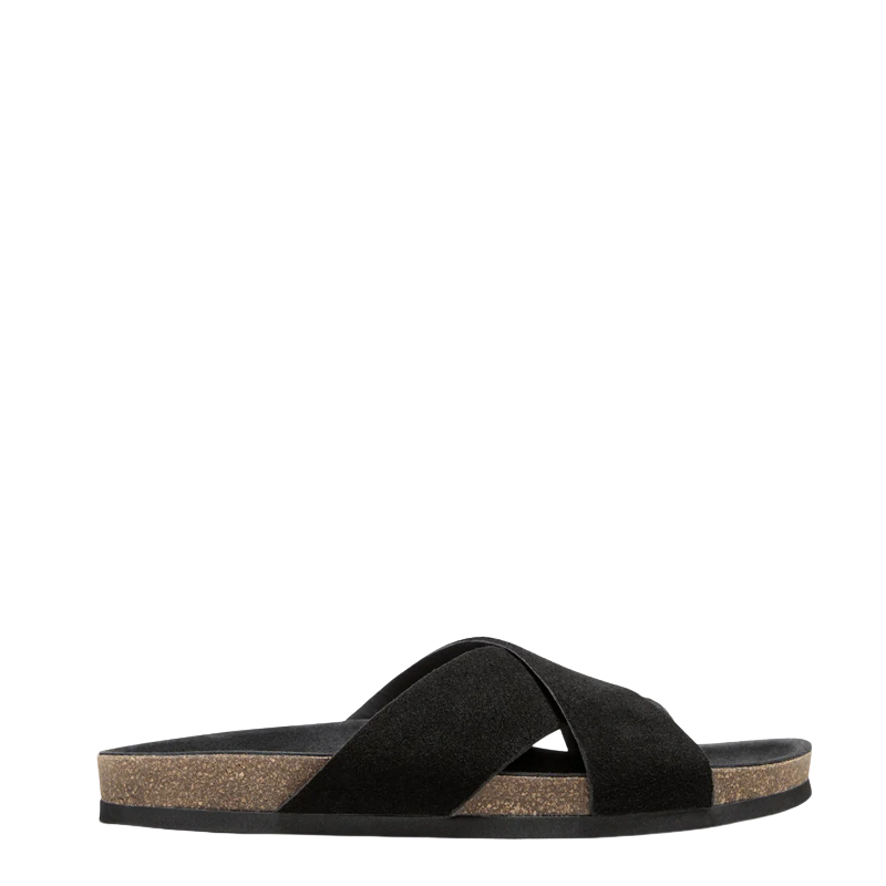 靴  SLIPPER SUEDE CROSS BLACK Men's Cross Strap Suede Black Comfort Slipper