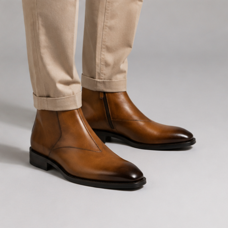V-cut Leather Side-Zip Chelsea Ankle Boots