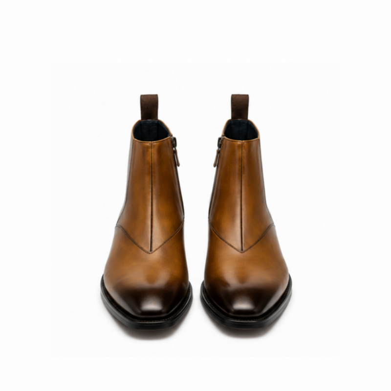 V-cut Leather Side-Zip Chelsea Ankle Boots