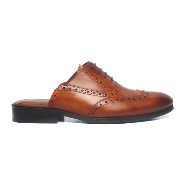 TAN LACE UP LEATHER MULES
