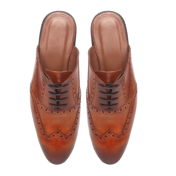 TAN LACE UP LEATHER MULES