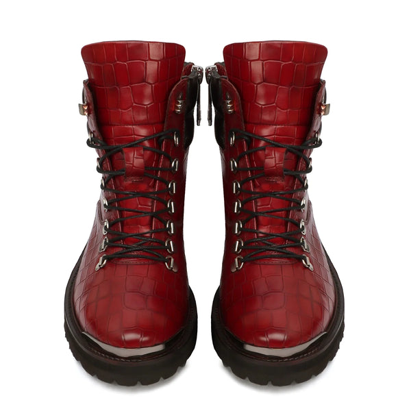 Zip Closure Wine Deep Cut Leather Chunky Boots