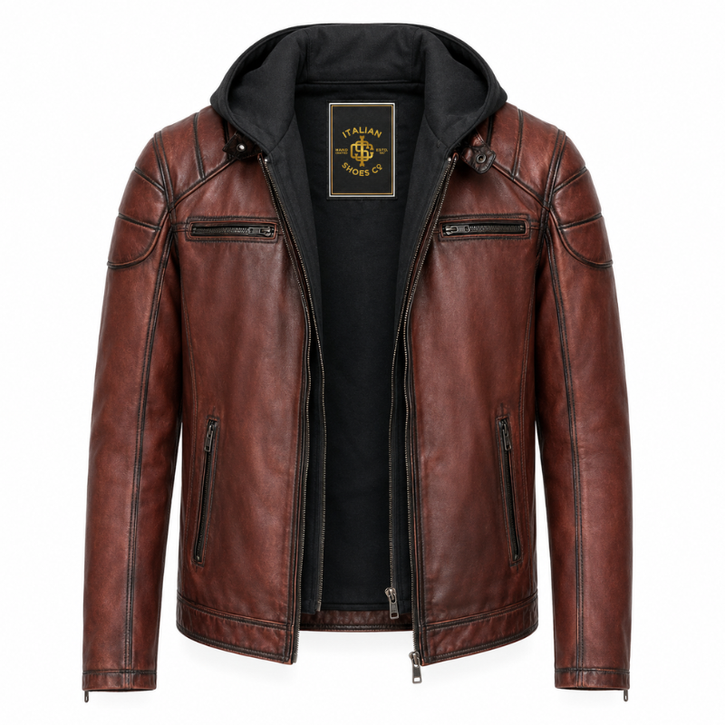 Vintage Hooded Leather Biker Jacket