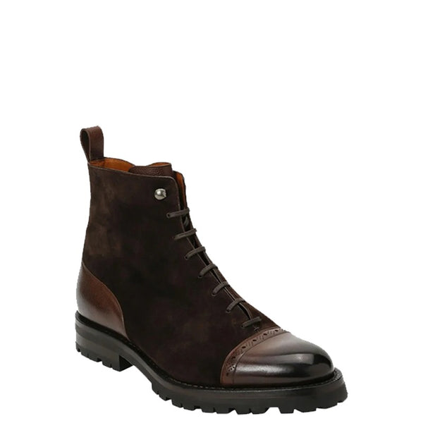 Brogue Leather and Suede Lug Sole Boots