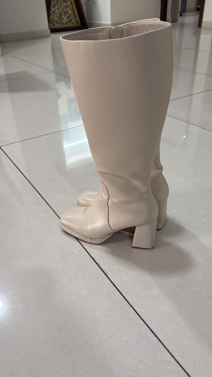 Women's White Leather Solid Block Heel Long Boots