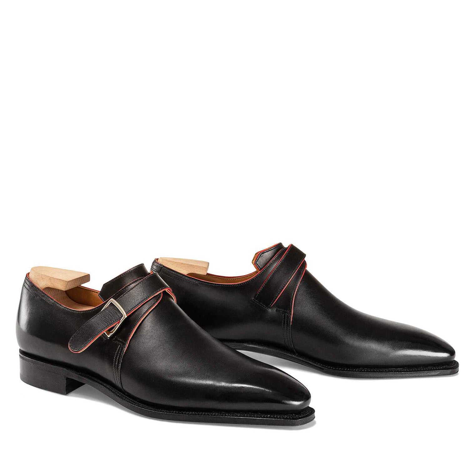 Red Lining Calf Leather Black Shoe With Buckle