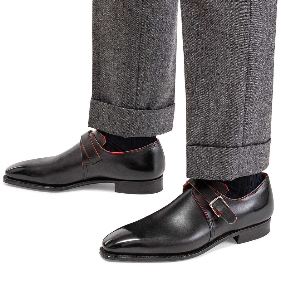 Red Lining Calf Leather Black Shoe With Buckle