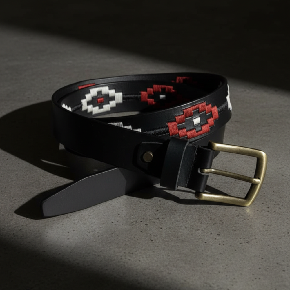Aztec Noir Embroidered Leather Belt