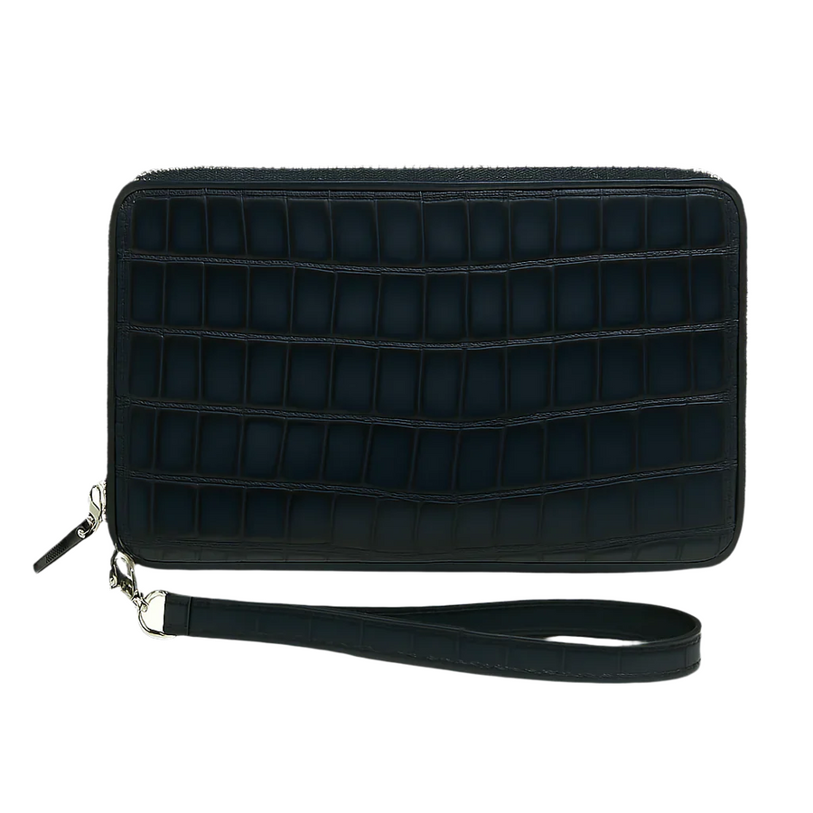 Croco Black Textured Around Zip Wallet