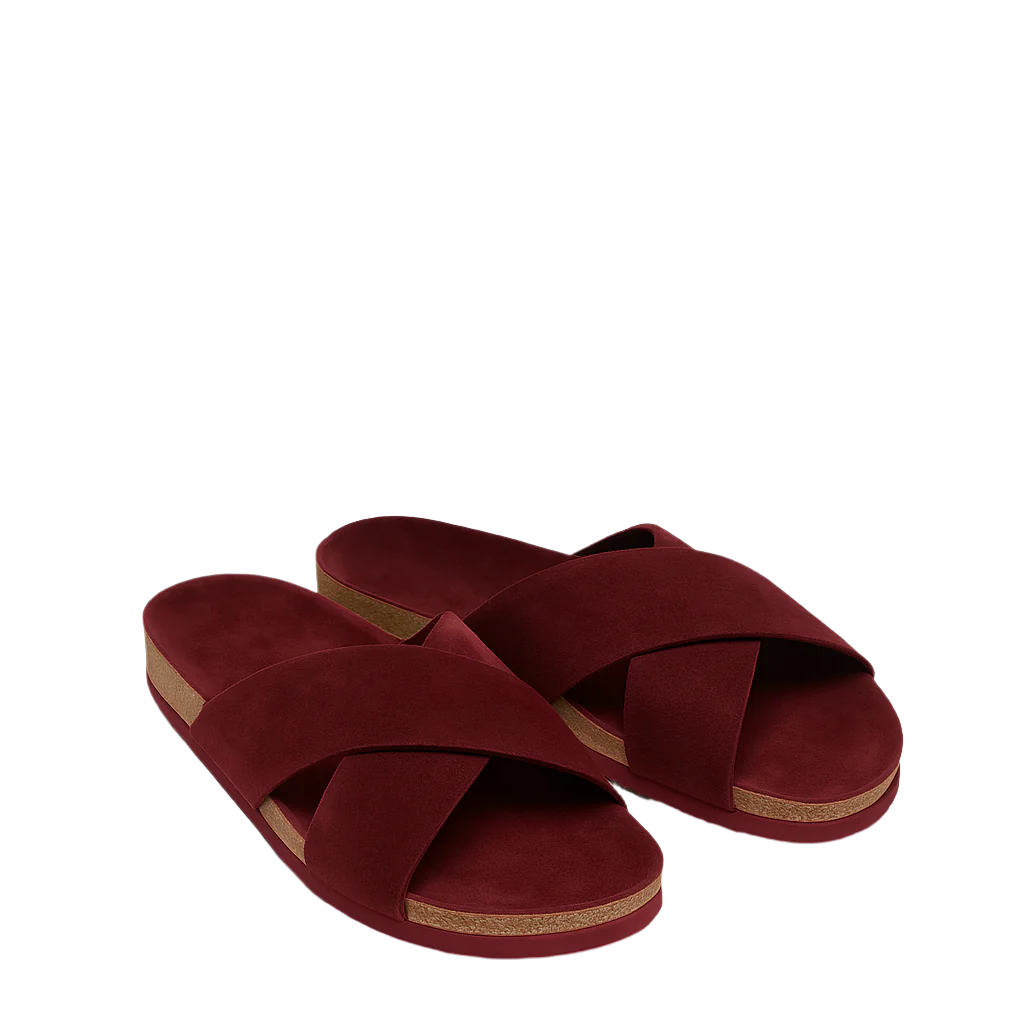 Men's Cross Strap Suede Burgundy Comfort Slipper