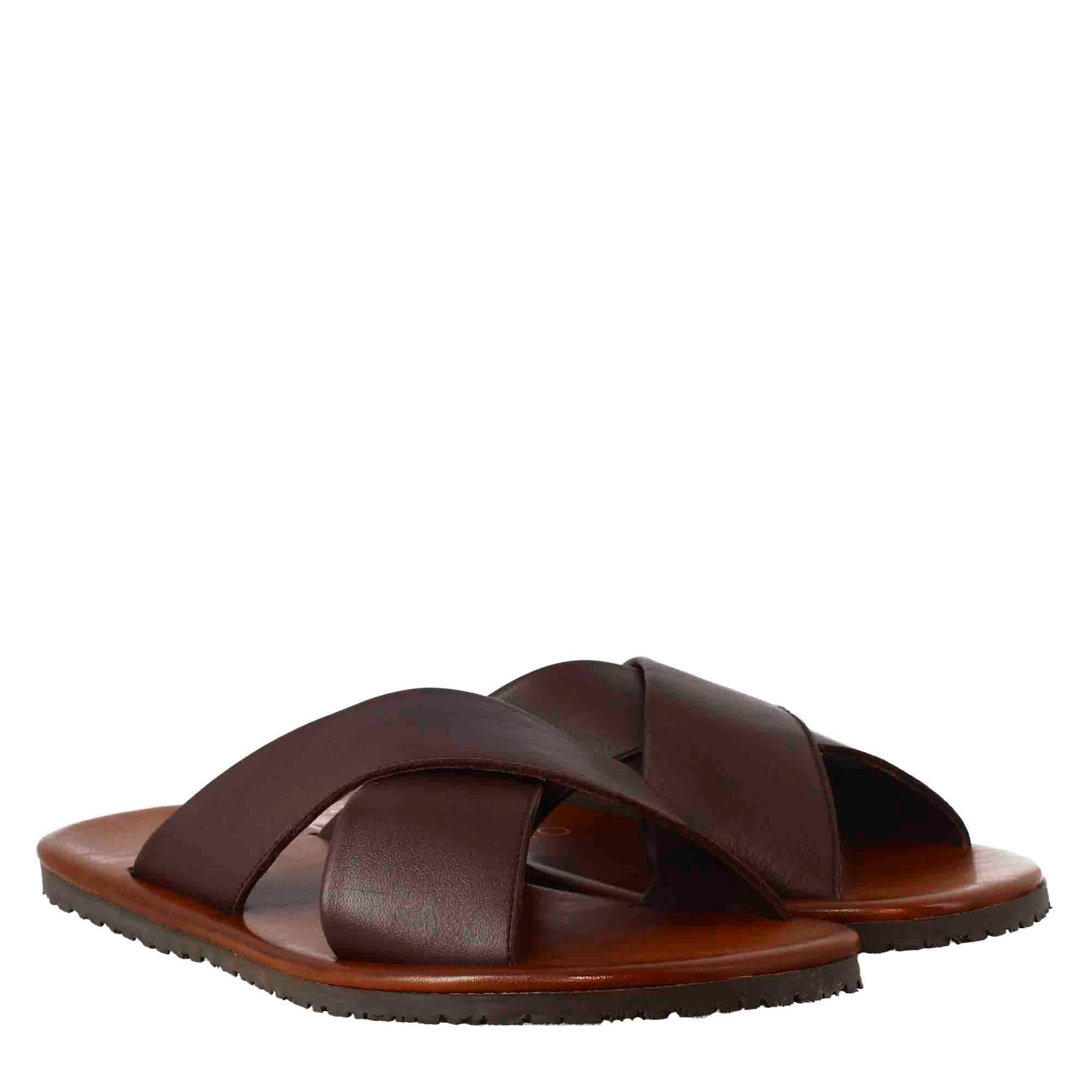 Brown Leather Crossed Bands Slippers