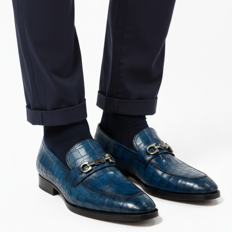 Crocodile‑textured Leather Loafers With Metallic Horsebit Ornament