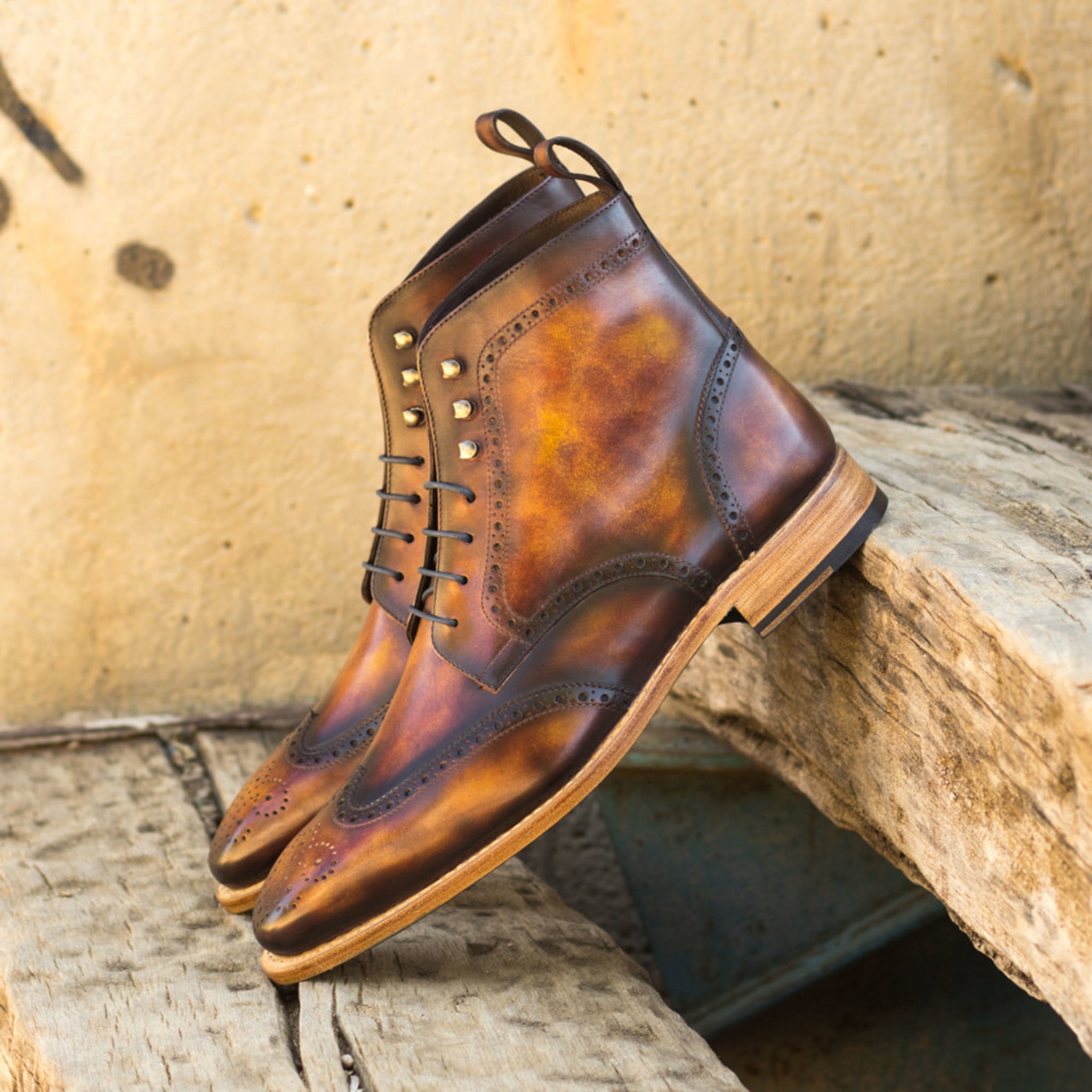 Brown Patina Leather Brogue Boots