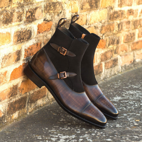 Suede and Patina Leather Monk Boots