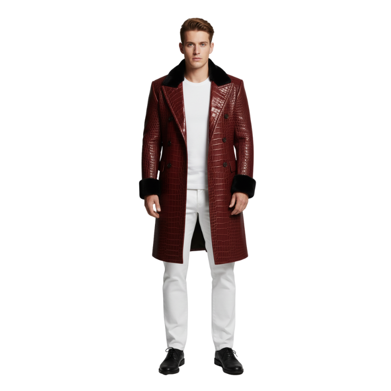 Royal Croc-Embossed Fur Collar Overcoat