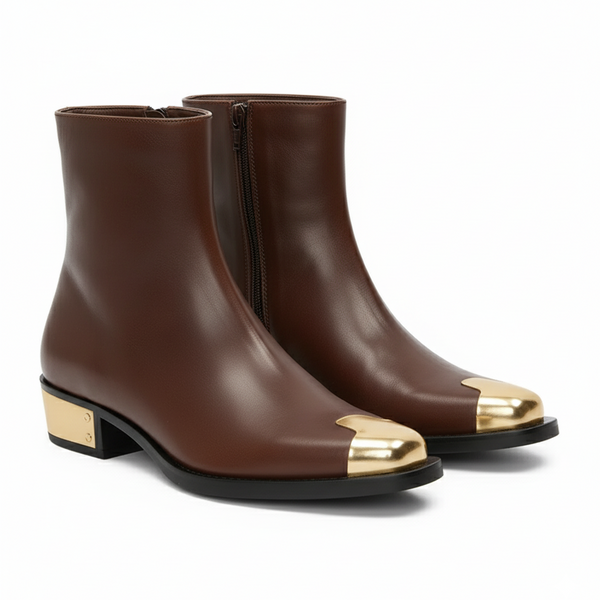 Punk Leather Boots Golden Toe Shoe