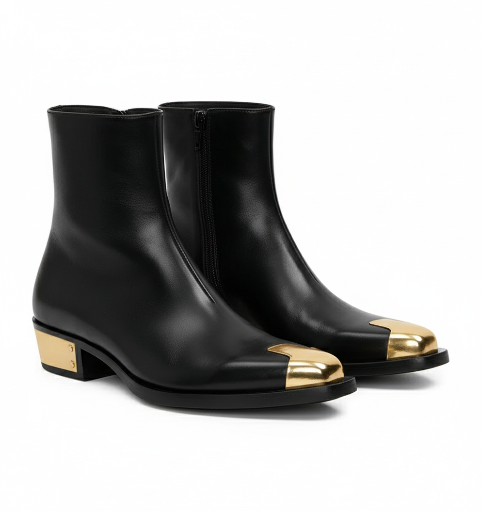 Punk Leather Boots Golden Toe Shoe