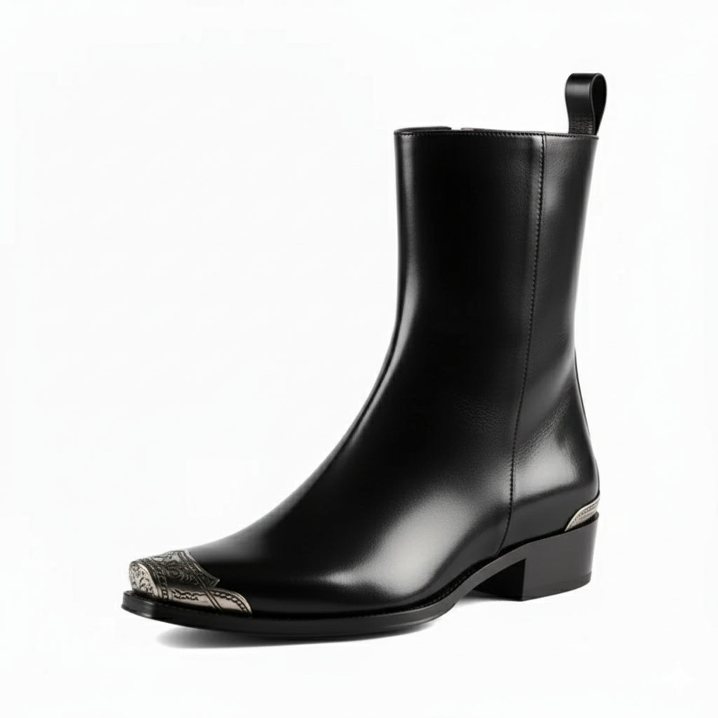 Patent Brown Long Chelsea Boots with Silver Toe