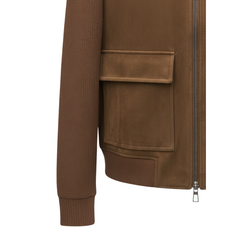 Cognac Suede Ribbed Bomber Jacket