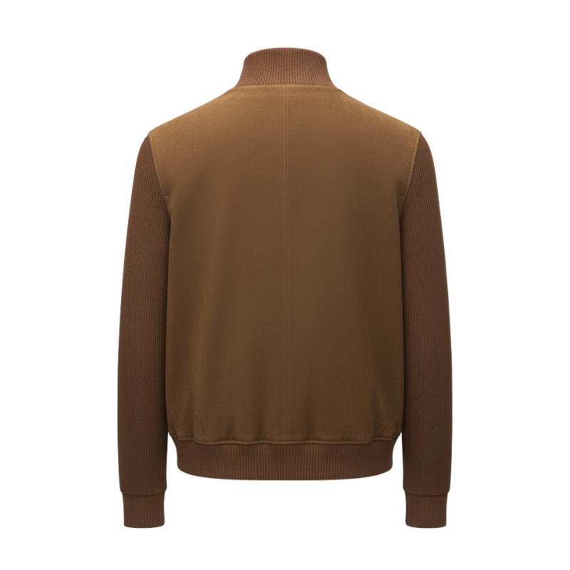 Cognac Suede Ribbed Bomber Jacket