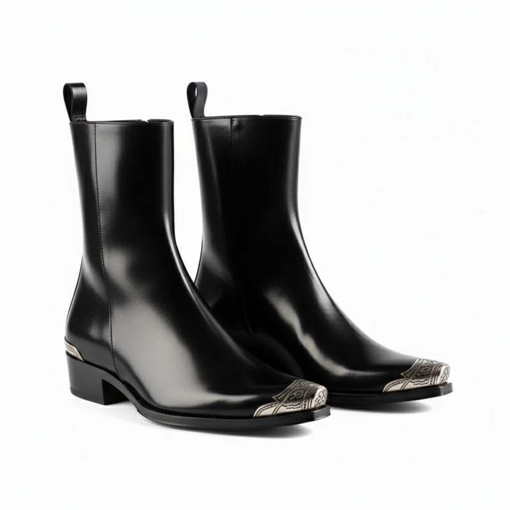 Patent Brown Long Chelsea Boots with Silver Toe