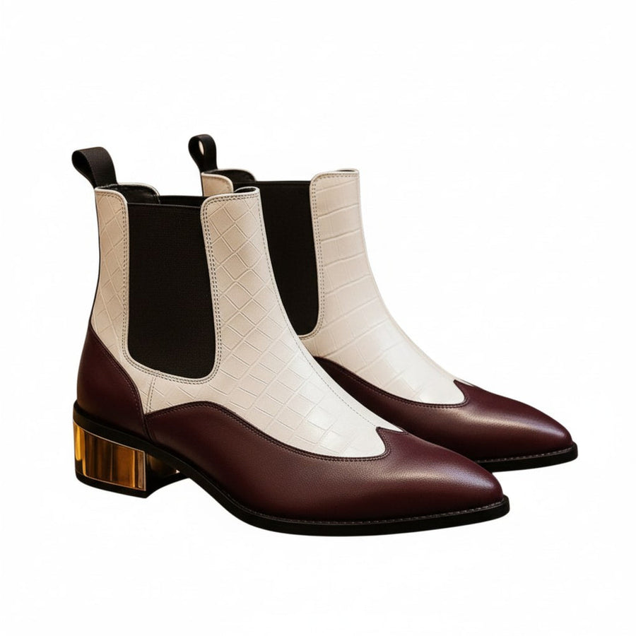 Luxury Dual Tone Croco Leather Chelsea Boots with Metallic Gold Heel