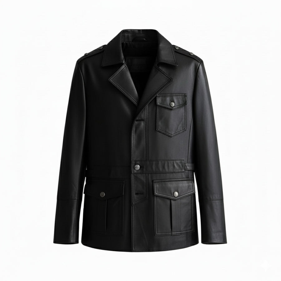 Classic Leather Multi Pocket Leather Coat