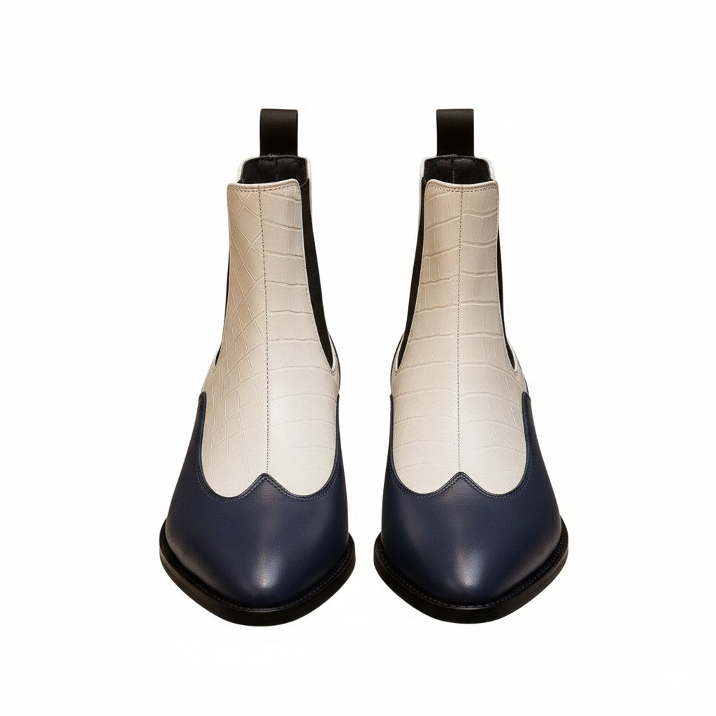 Luxury Blue & White Dual-Tone Croco Leather Chelsea Boots with Metallic Gold Heel